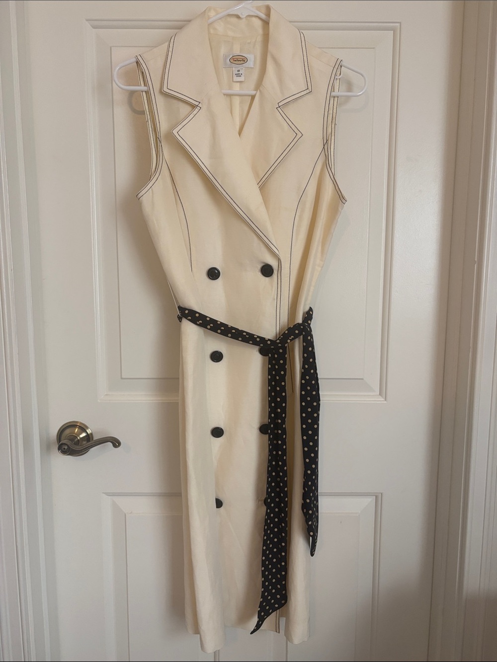 Talbots Cream Sleeveless Double-Breasted Dress with Black Polka Dot Belt